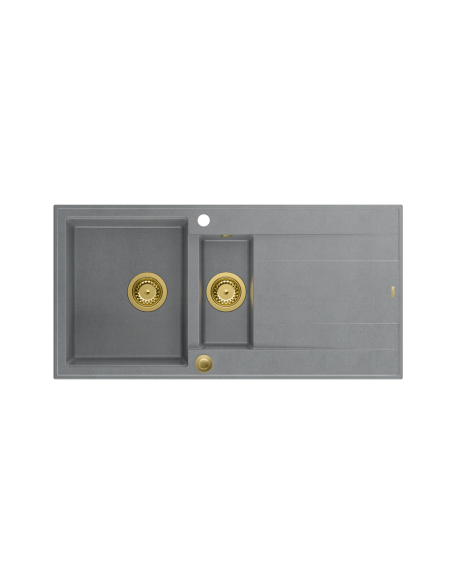 EVAN 156 1,5-bowl inset sink with drainer + Push-2-Open siphon PVD color silver stone / gold elements - 2