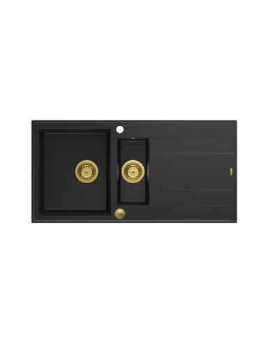 EVAN 156 1,5-bowl inset sink with drainer + Push-2-Open siphon PVD color pure carbon / gold elements - 2