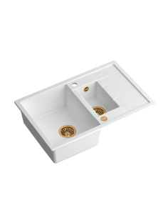 MORGAN 156 + nano PVD 1,5-bowl inset sink with drainer + save space siphon PVD colour / snow white / copper elements - 1