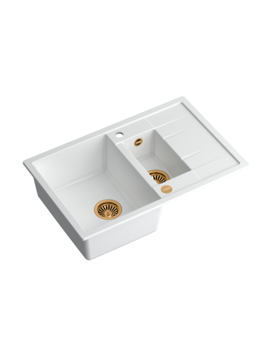 MORGAN 156 + nano PVD 1,5-bowl inset sink with drainer + save space siphon PVD colour / snow white / copper elements - 1