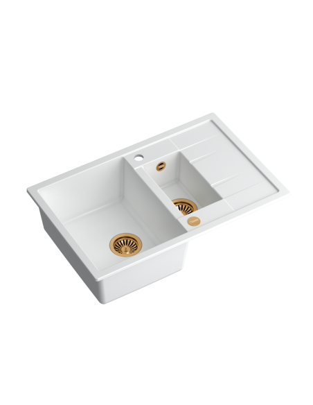 MORGAN 156 + nano PVD 1,5-bowl inset sink with drainer + save space siphon PVD colour / snow white / copper elements - 1