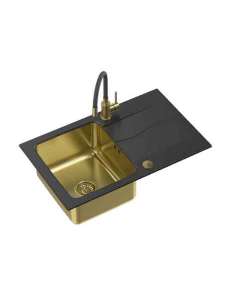 MICHAEL 111 Fusion onyx 1-bowl gold inset sink with drainer + save space siphon gold + faucet Maggie gold - 1