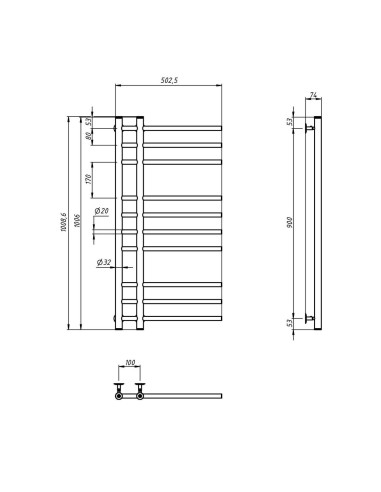 Stainless Steel Heated Towel Rail ARCADIA 530x1000x100