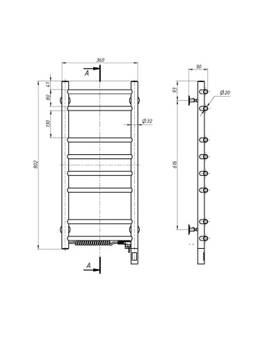 Stainless Steel Electric Towel Rail CAMELLIA Sensor 360x800 left