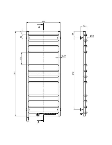 Stainless Steel Electric Towel Rail CAMELLIA Sensor 480х1200 right