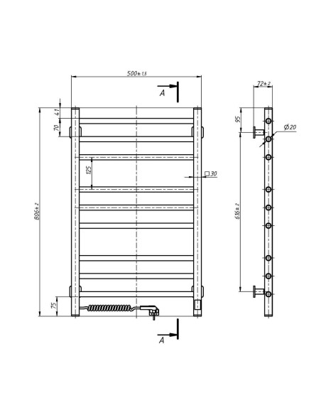 Stainless Steel Electric Towel Rail CLASSIC QUADRO Sensor 500x800 left Stainless Steel Electric Towel Rail CLASSIC QUADRO Sensor 500x800 left