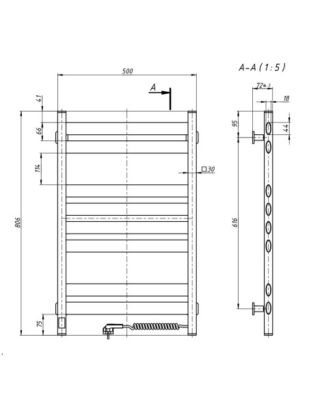 Stainless Steel Electric Towel Rail ELLIPSE Sensor 500x800 left
