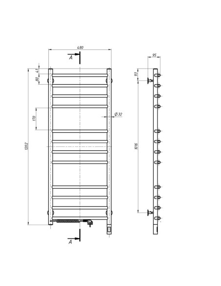 Stainless Steel Electric Towel Rail CAMELLIA Sensor 480х1200 left