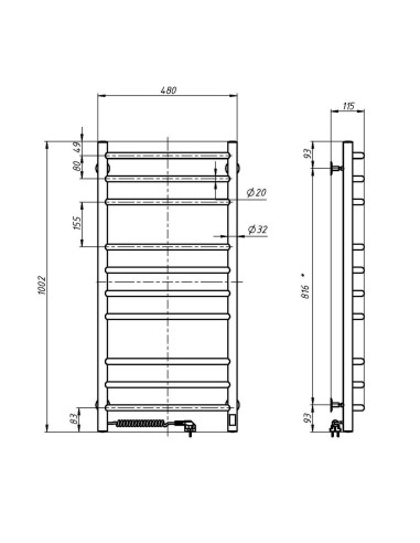 Electric Towel Rail BLACK CAMELLIA Sensor 480х1000 left