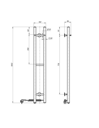 Stainless Steel Electric Towel Rail SILOUETTE QUADRO 160x1000 right