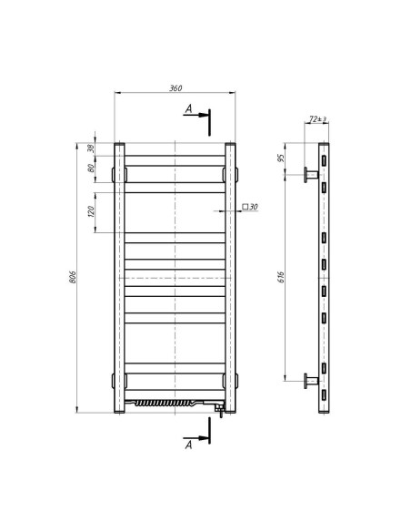 Electric Towel Rail WHITE AVANGARD 360х800 left