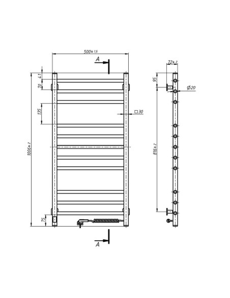 Electric Towel Rail WHITE CLASSIC QUADRO Sensor 500x1000 right