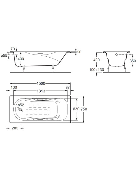 ROCA Rectangular cast iron bath with anti-slip base and grips 150x75cm A23157000R - 5