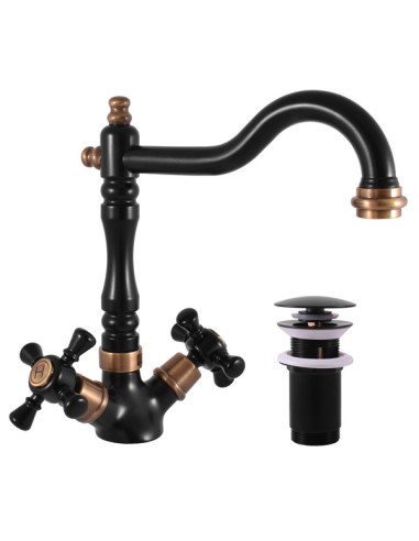 Basin mixer tap with pop-up waste MORAVA RETRO BLACK MATT/BRONZE - Barva černá matná/stará mosaz,Rozměr 1/2''