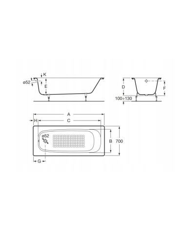 Roca Continental čuguna vanna ar pretslīdes apdari, platums 70cm, A21291 - 6