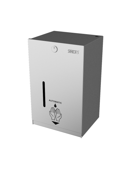 Automātisks nerūsējošā tērauda šķidruma un gēla dezinfekcijas un ziepju dozators - pie sienas, akumulators 12 V Automātisks nerūsējošā tērauda šķidruma un gēla dezinfekcijas un ziepju dozators - pie sienas, akumulators 12 V