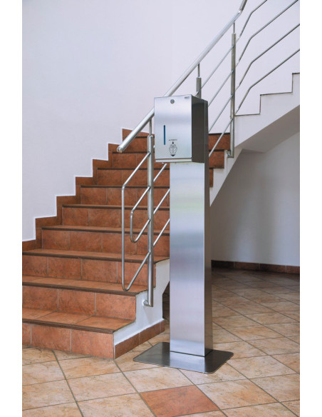 Automātiska nerūsējošā tērauda šķidruma un gēla dezinfekcijas un ziepju dozators - iekļauts statīvs stāvēšanai pie sienas Automātiska nerūsējošā tērauda šķidruma un gēla dezinfekcijas un ziepju dozators - iekļauts statīvs stāvēšanai pie sienas