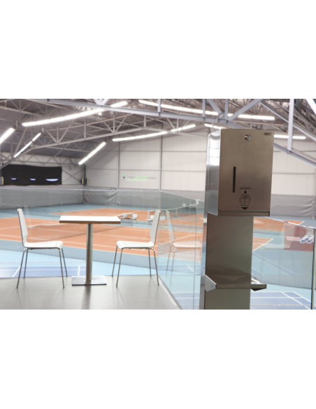 Automātiska nerūsējošā tērauda šķidruma un gēla dezinfekcijas un ziepju dozators - iekļauts statīvs stāvēšanai pie sienas Automātiska nerūsējošā tērauda šķidruma un gēla dezinfekcijas un ziepju dozators - iekļauts statīvs stāvēšanai pie sienas