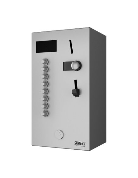 Monētu un žetonu dušas taimeris četrām līdz astoņām dušām, 24 V DC, lietotāja izvēle dušā, tieša vadība Monētu un žetonu dušas taimeris četrām līdz astoņām dušām, 24 V DC, lietotāja izvēle dušā, tieša vadība