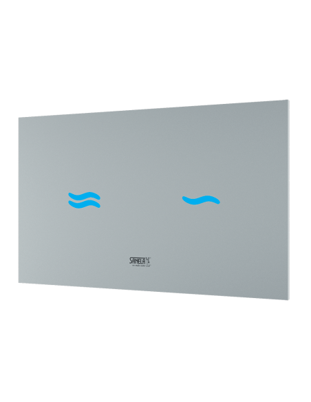 Elektroniska pieskāriena tualetes skalošanas iekārta, stikla krāsa REF 9003 balta, fona apgaismojums zils, 24 V DC Elektroniska pieskāriena tualetes skalošanas iekārta, stikla krāsa REF 9003 balta, fona apgaismojums zils, 24 V DC