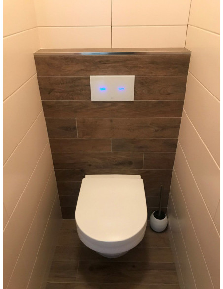 Elektroniska pieskāriena tualetes skalošanas iekārta, stikla krāsa REF 9003 balta, fona apgaismojums zils, 24 V DC Elektroniska pieskāriena tualetes skalošanas iekārta, stikla krāsa REF 9003 balta, fona apgaismojums zils, 24 V DC