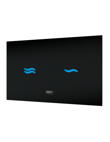 Elektroniska pieskāriena tualetes skalošanas iekārta, stikla krāsa REF 9005 melna, fona apgaismojums zils, 24 V DC Elektroniska pieskāriena tualetes skalošanas iekārta, stikla krāsa REF 9005 melna, fona apgaismojums zils, 24 V DC