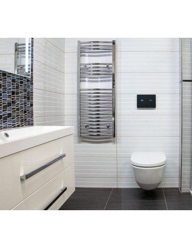 Elektroniska pieskāriena tualetes skalošanas iekārta, stikla krāsa REF 9005 melna, fona apgaismojums balts, 24 V DC