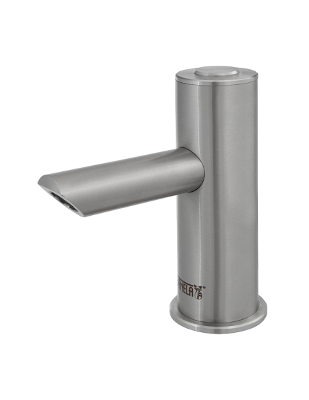 Pjezo nerūsējošā tērauda izlietnes krāns aukstam vai iepriekš sajauktam ūdenim, garāka izplūdes svira, 6 V Pjezo nerūsējošā tērauda izlietnes krāns aukstam vai iepriekš sajauktam ūdenim, garāka izplūdes svira, 6 V