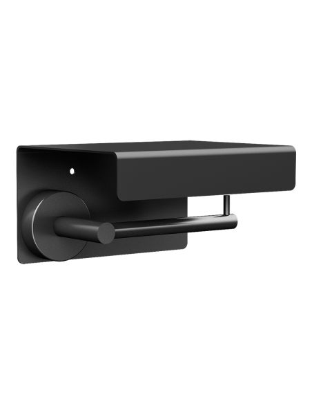 Nerūsējošā tērauda tualetes papīra turētājs ar plauktu, melna matēta apdare Nerūsējošā tērauda tualetes papīra turētājs ar plauktu, melna matēta apdare