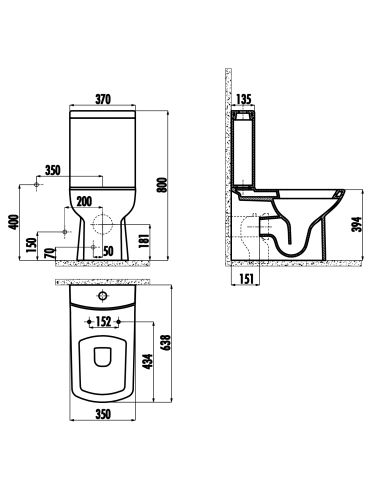 aizmugure pie sienas wc Lara, mat melns, bez sēdekļa (LR360-11SM + LR410-00SM + 099938 )