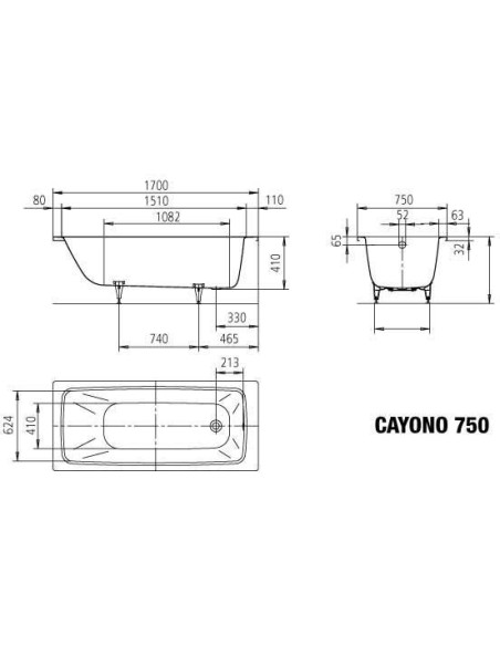Tērauda-emaljas vanna 170x75cm Cayono 750 ar pretslīdes pārkl., balta - 8 Tērauda-emaljas vanna 170x75cm Cayono 750 ar pretslīdes pārkl., balta - 8