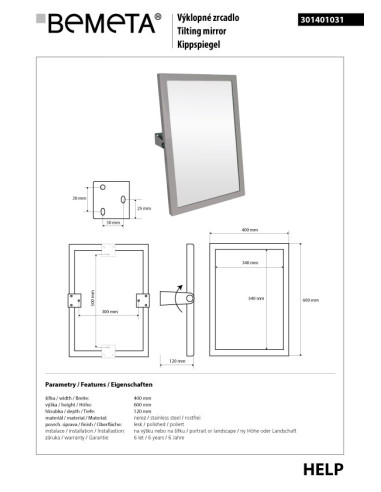 HELP: Tilting mirror, 400 x 600 mm,  stainless steel, polished