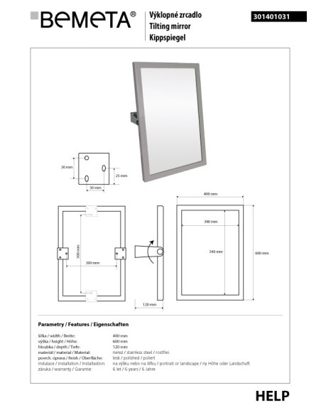 HELP: Tilting mirror, 400 x 600 mm,  stainless steel, polished