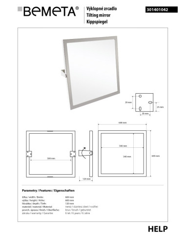 HELP:Tilting mirror, 600 x 600 mm, stainless steel, brushed