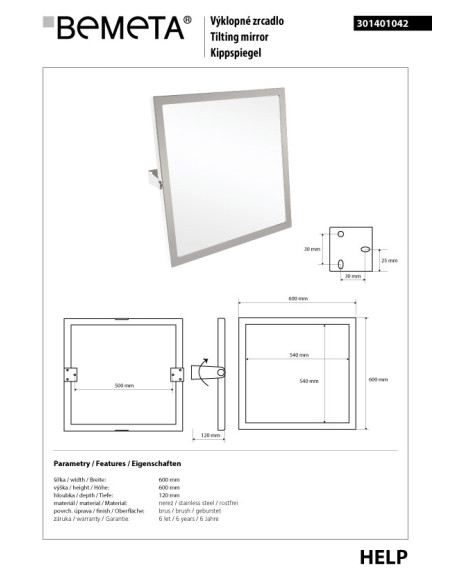 HELP:Tilting mirror, 600 x 600 mm, stainless steel, brushed HELP:Tilting mirror, 600 x 600 mm, stainless steel, brushed