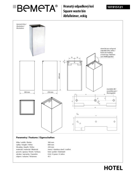 Wall mounted waste bin, 45 l, stainless steel, polished Wall mounted waste bin, 45 l, stainless steel, polished