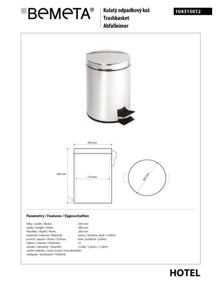 Waste bin, 5 l, stainless steel, polished