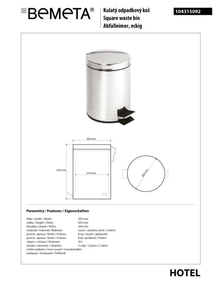 Waste bin, 30 l, stainless steel, polished