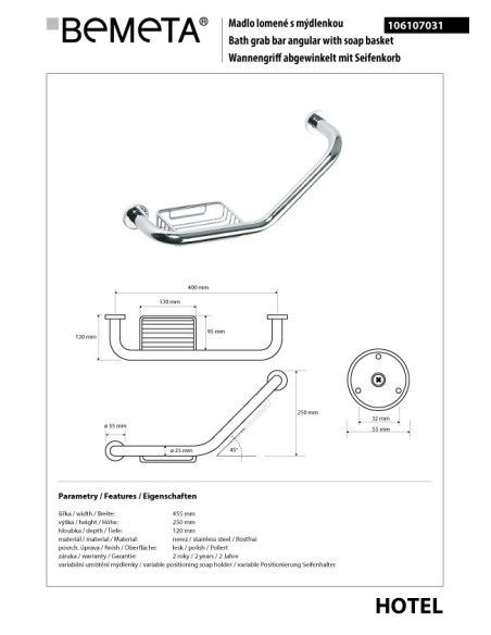 Grab bar angled with soap dish, 45°, polished