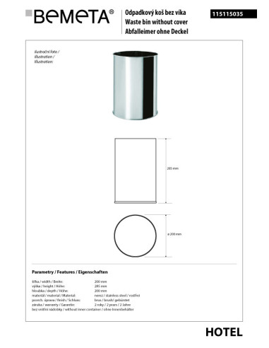 Waste bin, 9 l, stainless steel, matt