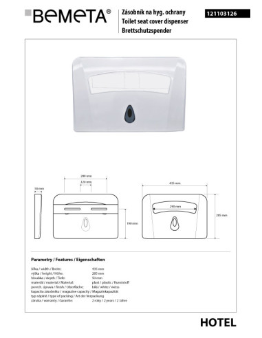 Dispenser for toilet hygiene protection, plastic, white