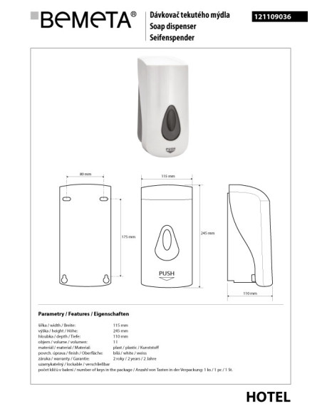 Soap dispenser, 1000 ml, plastic, white
