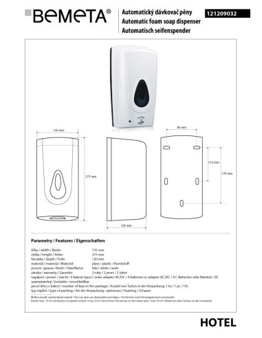 Automatic foam soap dispenser, 1000 ml, plastic, white