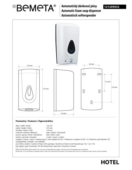 Automatic foam soap dispenser, 1000 ml, plastic, white