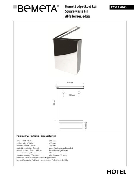 Waste bin, 25 l, stainless steel, matt