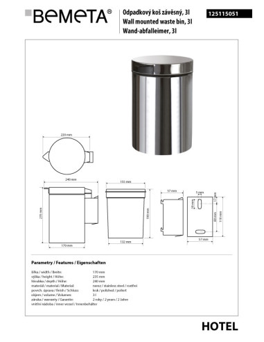 Wall mounted waste bin, 3 l, stainless steel, polished