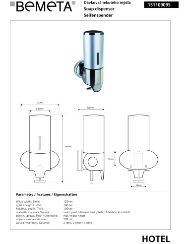 Soap dispenser 500 ml, stainless steel/plastic, matt