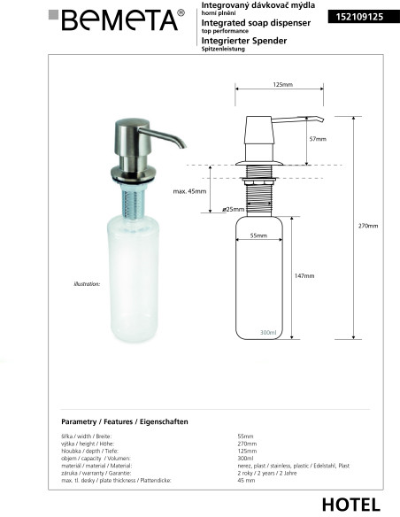 Integrated soap/detergent dispenser, 300 ml