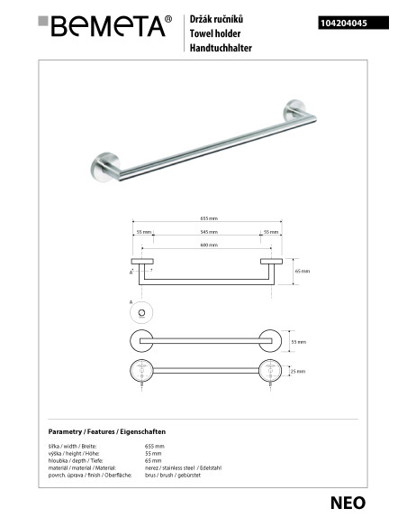 NEO: Towel holder, 600 mm NEO: Towel holder, 600 mm