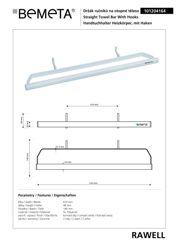 RAWELL: Radiator towel holder, 310 mm, white